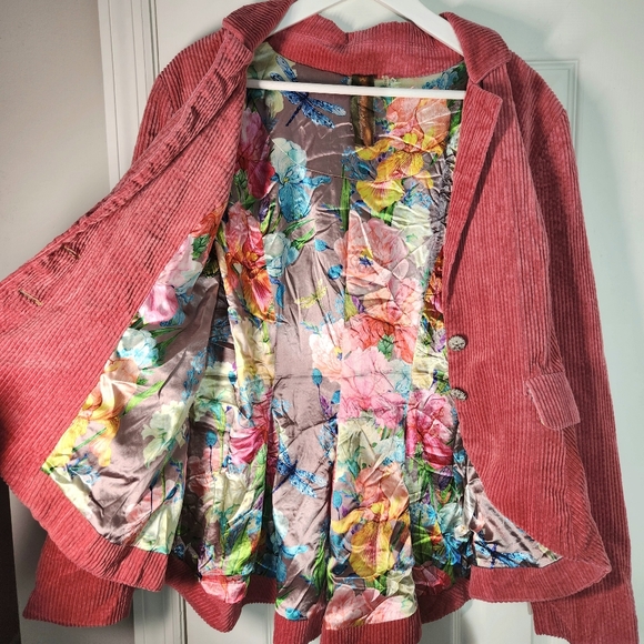 Aratta Anthropologie Pink Corduroy 'Alexander' Jacket Tan Elbows Floral Lined M - Picture 8 of 16